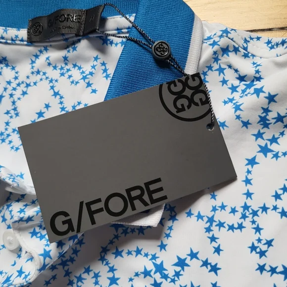 New G Fore Polo Shirt Mens Medium Blue Geometric Performance Stretch Preppy USA - Picture 4 of 11